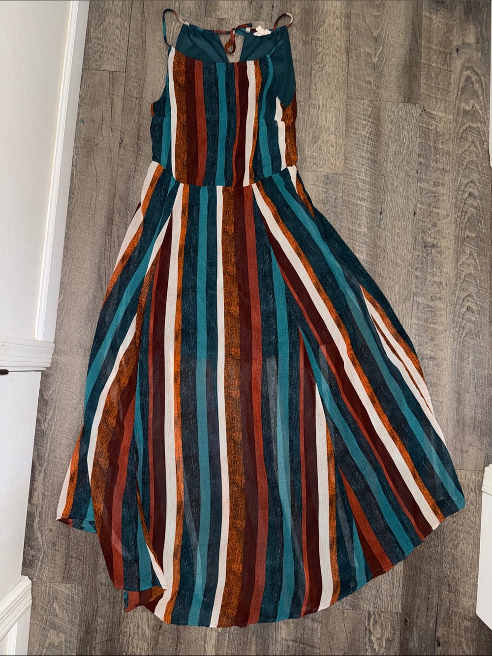 Sleeveless Striped Maxi Dress in Teal, Rust & White